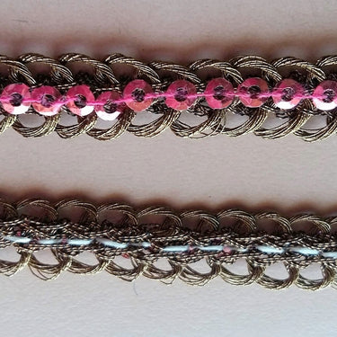 Bronze Braided Sequins Trim With Purple / Blue / Pink Sequins, Approx. 6 mm wide, Trim by 3 yards